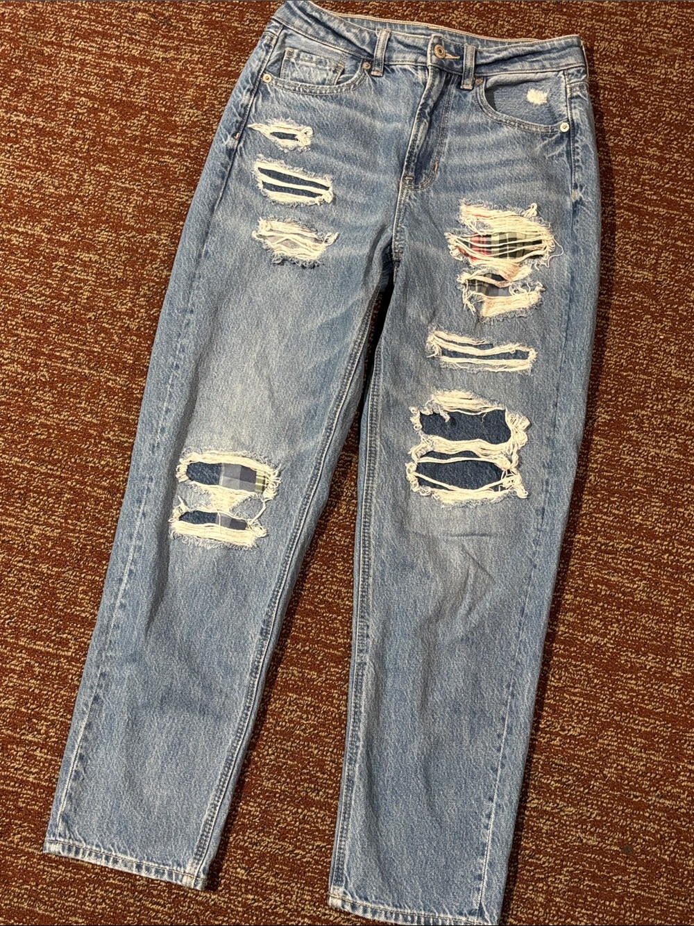 American Eagle Outfitters Distressed plaid lined patchwork mom Straight Leg Jean